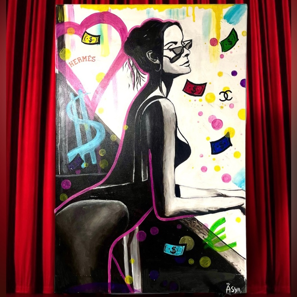 Pop Art painting “Looking into bright future” ( Alec monopoly Style Lady, Money